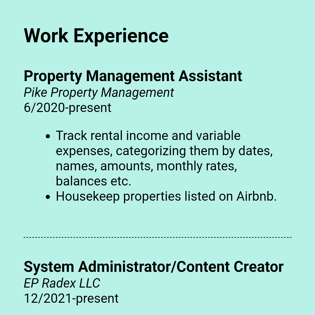 Screen shot of Work Experience section in resume